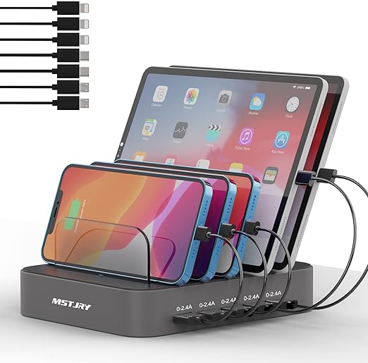 USB Charging Station for Multiple Devices - 5 Port Dock Switch, iPhone iPad Cell Phone Tablets Charger ( 6 Short Cables Included)