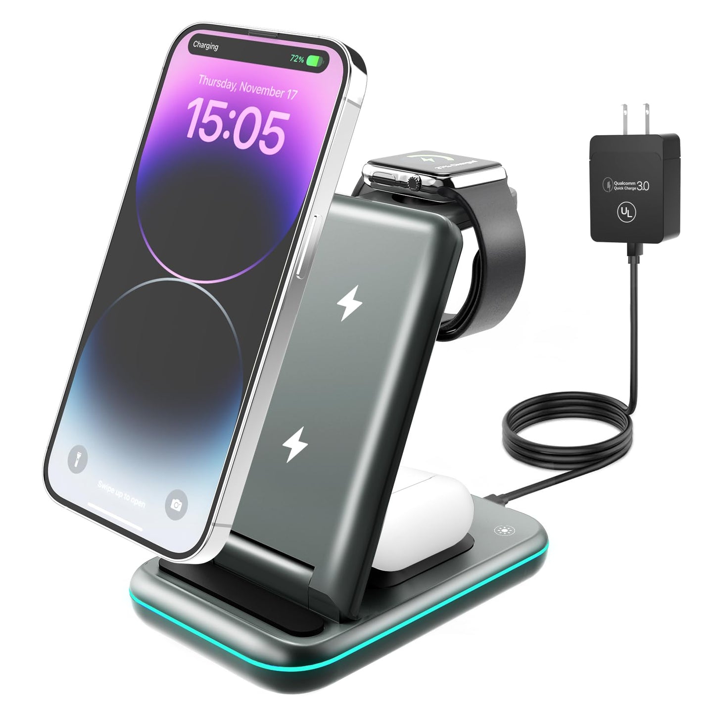 3-in-1 Wireless Fast Charger for iPhone, Apple Watch, and AirPods (Adapter Included)