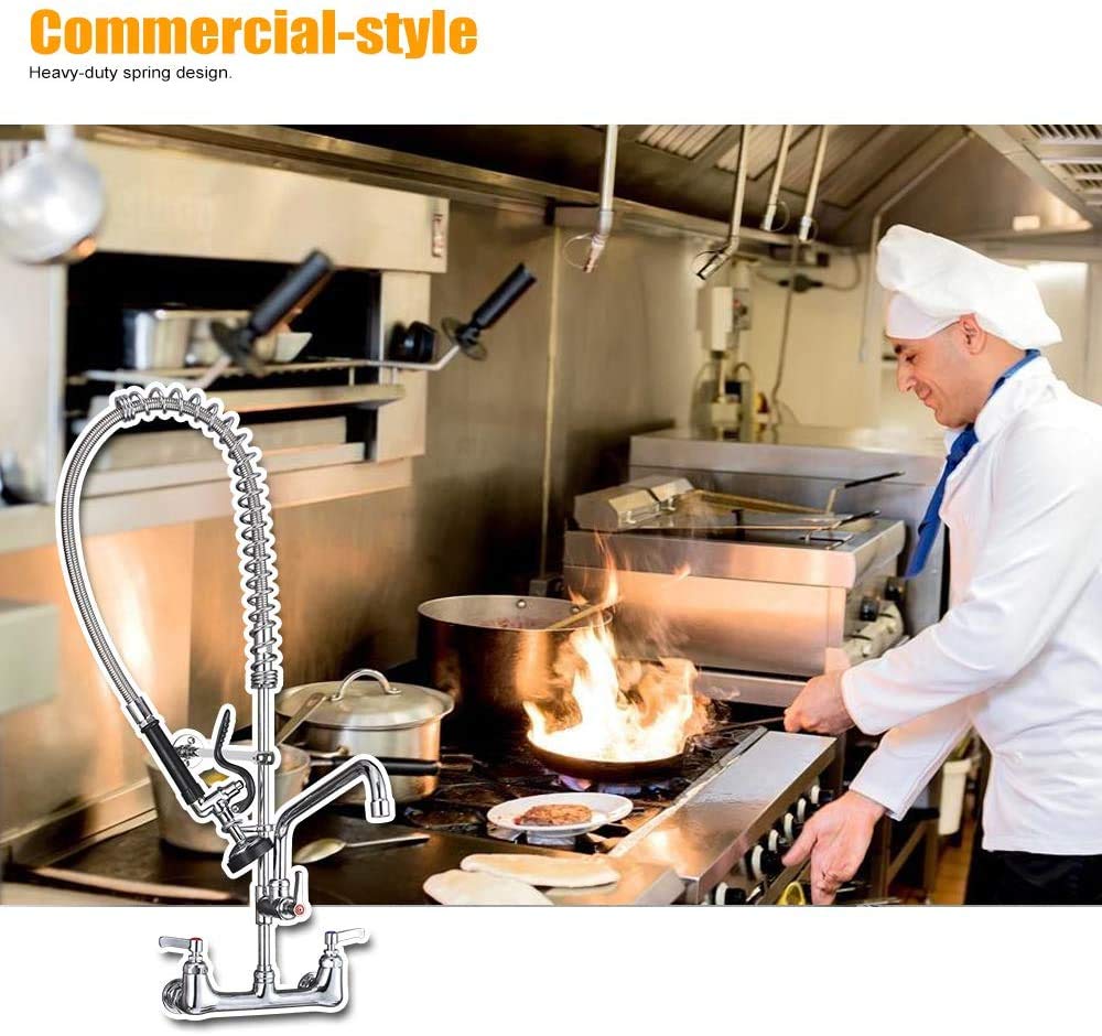 20'' Commercial Faucet with Sprayer, Wall Mount Center 8'' Commercial Sink Faucet