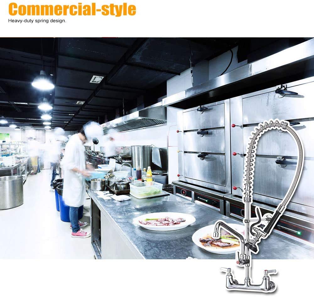 20'' Commercial Faucet with Sprayer, Wall Mount Center 8'' Commercial Sink Faucet
