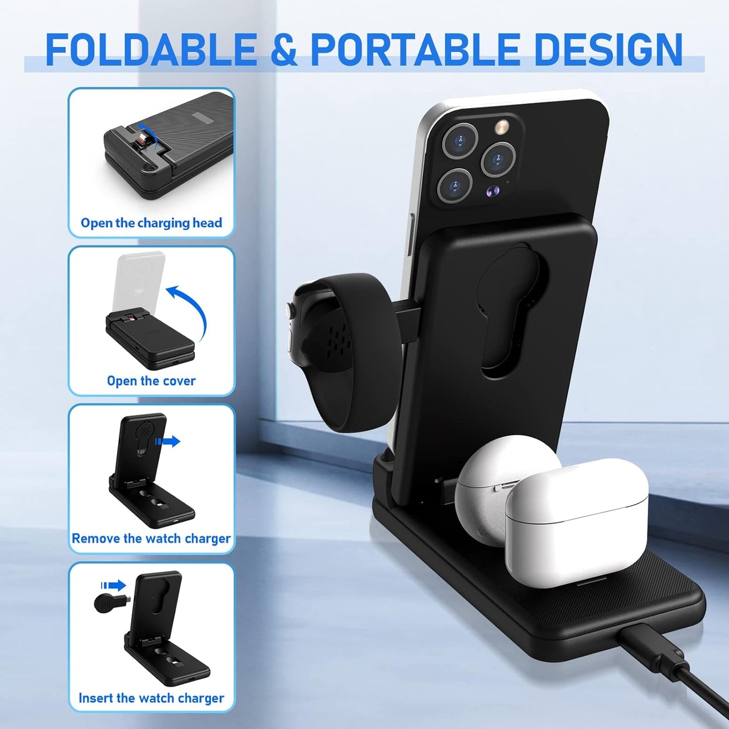 25W PD Fast Charger: 4-in-1 Foldable Stand for iPhone 14/13/12/11/X, Apple Watch, AirPods & Earbuds