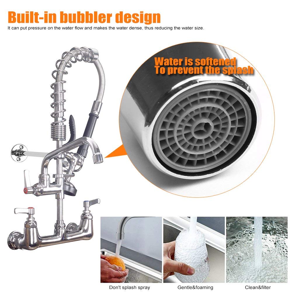 20'' Commercial Faucet with Sprayer, Wall Mount Center 8'' Commercial Sink Faucet
