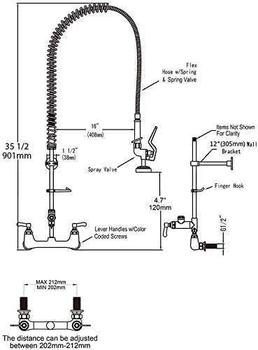 35'' Commercial Faucet with Sprayer, Wall Mount Center 8'' Commercial Sink Faucet