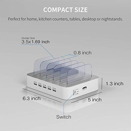 USB Charging Station for Multiple Devices - 5 Port Dock Switch, iPhone iPad Cell Phone Tablets Charger ( 6 Short Cables Included)