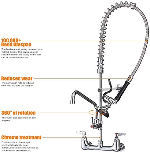 20'' Commercial Faucet with Sprayer, Wall Mount Center 8'' Commercial Sink Faucet