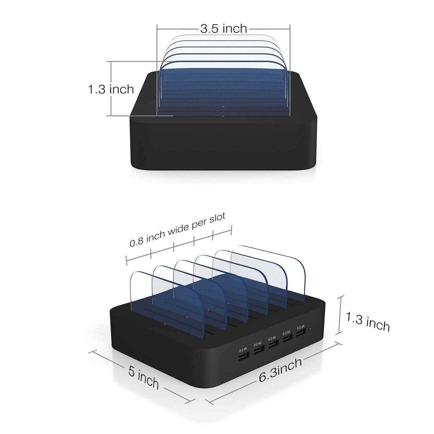 USB Charging Station for Multiple Devices - 5 Port Dock Switch, iPhone iPad Cell Phone Tablets Charger ( 6 Short Cables Included)