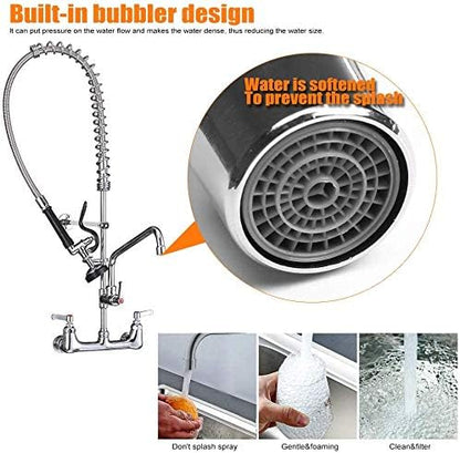 35'' Commercial Faucet with Sprayer, Wall Mount Center 8'' Commercial Sink Faucet