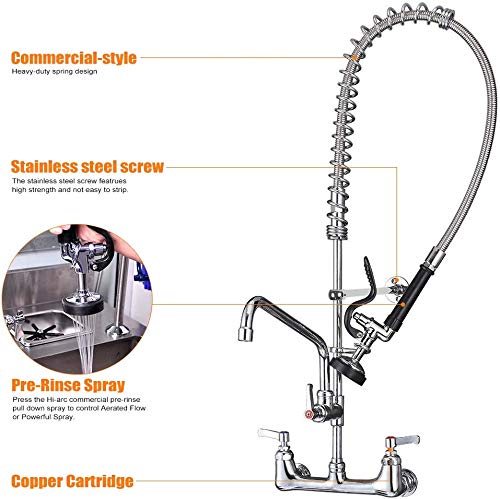 20'' Commercial Faucet with Sprayer, Wall Mount Center 8'' Commercial Sink Faucet