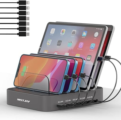 USB Charging Station for Multiple Devices - 5 Port Dock Switch, iPhone iPad Cell Phone Tablets Charger ( 6 Short Cables Included)