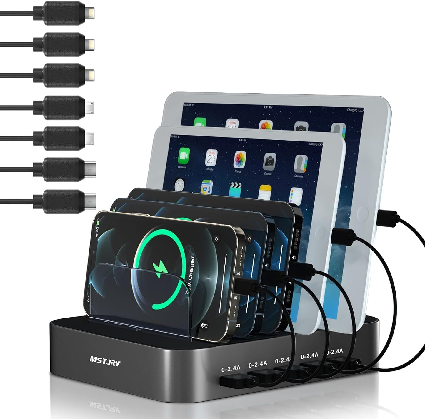 USB Charging Station for Multiple Devices - 5 Port Dock Switch, iPhone iPad Cell Phone Tablets Charger ( 6 Short Cables Included)