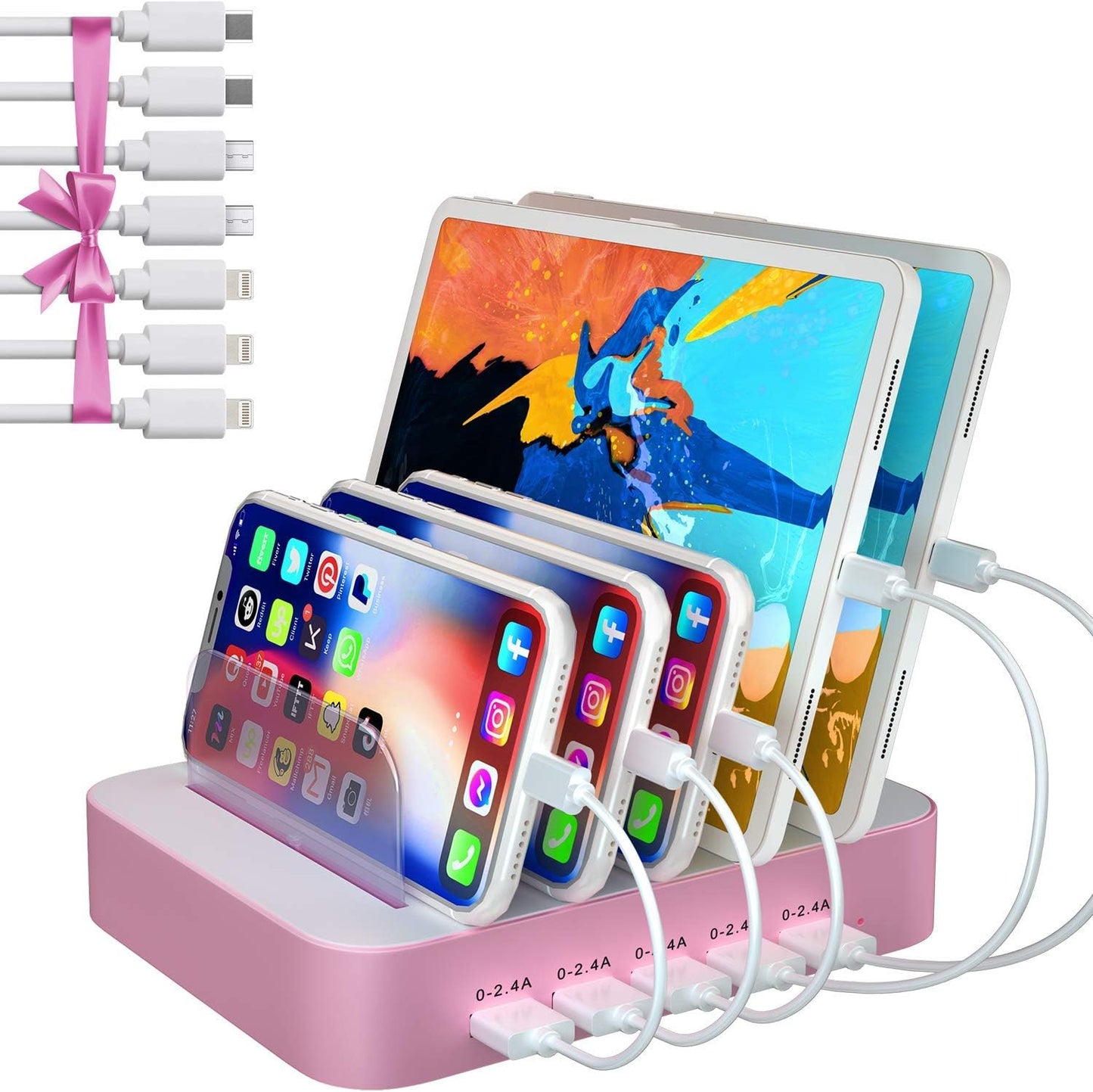 USB Charging Station for Multiple Devices - 5 Port Dock Switch, iPhone iPad Cell Phone Tablets Charger ( 6 Short Cables Included)