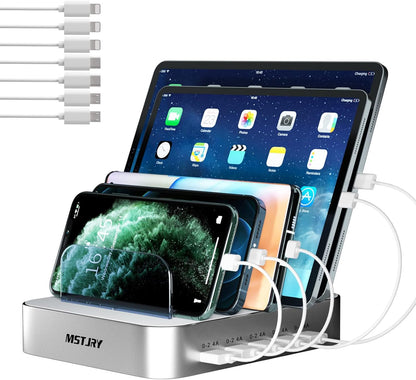 USB Charging Station for Multiple Devices - 5 Port Dock Switch, iPhone iPad Cell Phone Tablets Charger ( 6 Short Cables Included)