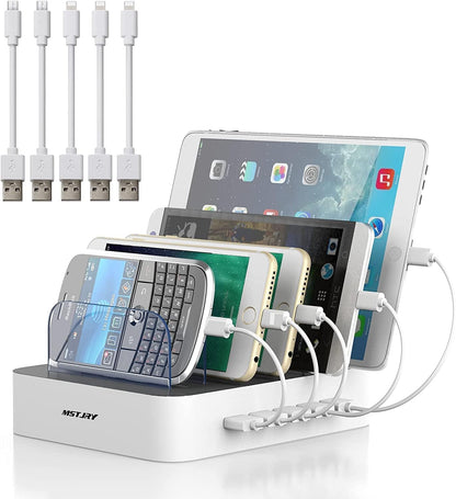 USB Charging Station for Multiple Devices - 5 Port Dock Switch, iPhone iPad Cell Phone Tablets Charger ( 6 Short Cables Included)