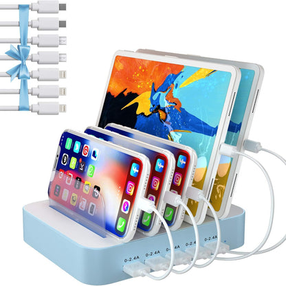 USB Charging Station for Multiple Devices - 5 Port Dock Switch, iPhone iPad Cell Phone Tablets Charger ( 6 Short Cables Included)