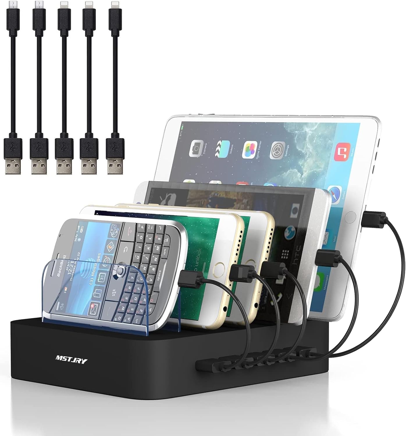 USB Charging Station for Multiple Devices - 5 Port Dock Switch, iPhone iPad Cell Phone Tablets Charger ( 6 Short Cables Included)