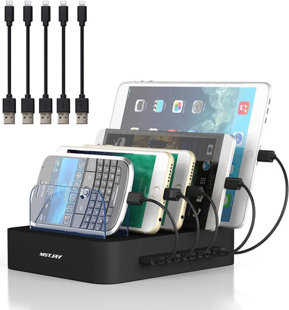 USB Charging Station for Multiple Devices - 5 Port Dock Switch, iPhone iPad Cell Phone Tablets Charger ( 6 Short Cables Included)