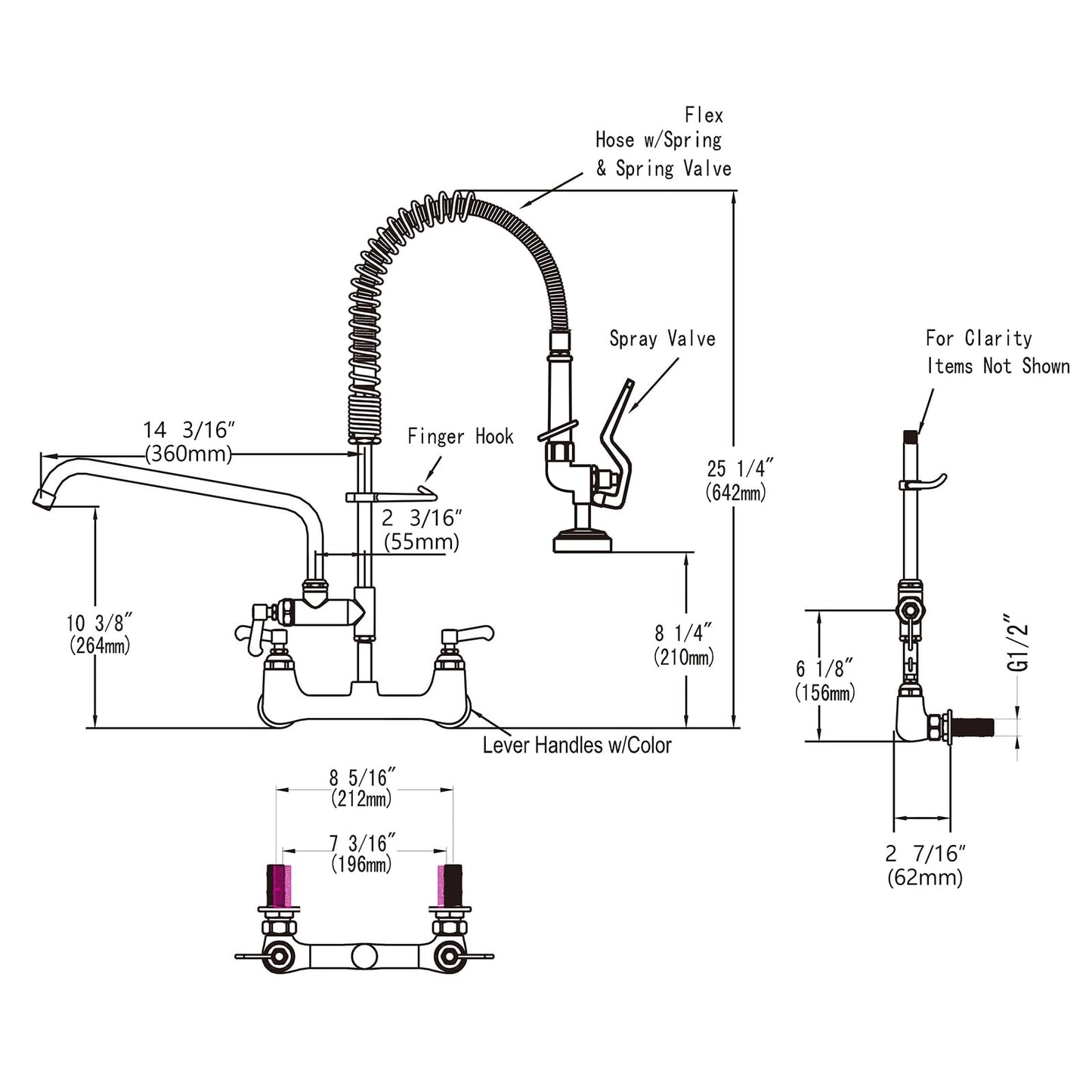 25'' Commercial Faucet with Sprayer, Wall Mount Center 8'' Commercial Sink Faucet