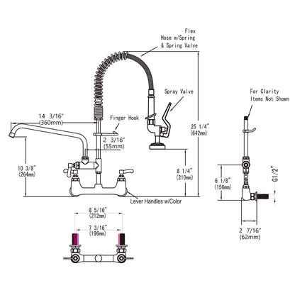 20'' Commercial Faucet with Sprayer, Wall Mount Center 8'' Commercial Sink Faucet