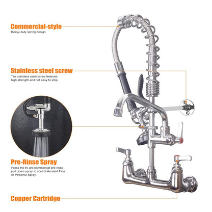 20'' Commercial Faucet with Sprayer, Wall Mount Center 8'' Commercial Sink Faucet