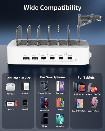 120W 6-Port USB-C Charging Station: 4 PD Fast Charging Ports, Dock for Apple iPad iPhone Android