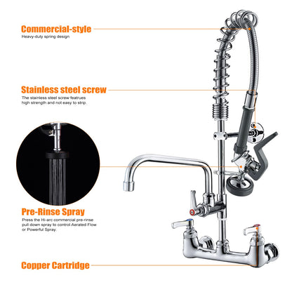 25'' Commercial Faucet with Sprayer, Wall Mount Center 8'' Commercial Sink Faucet