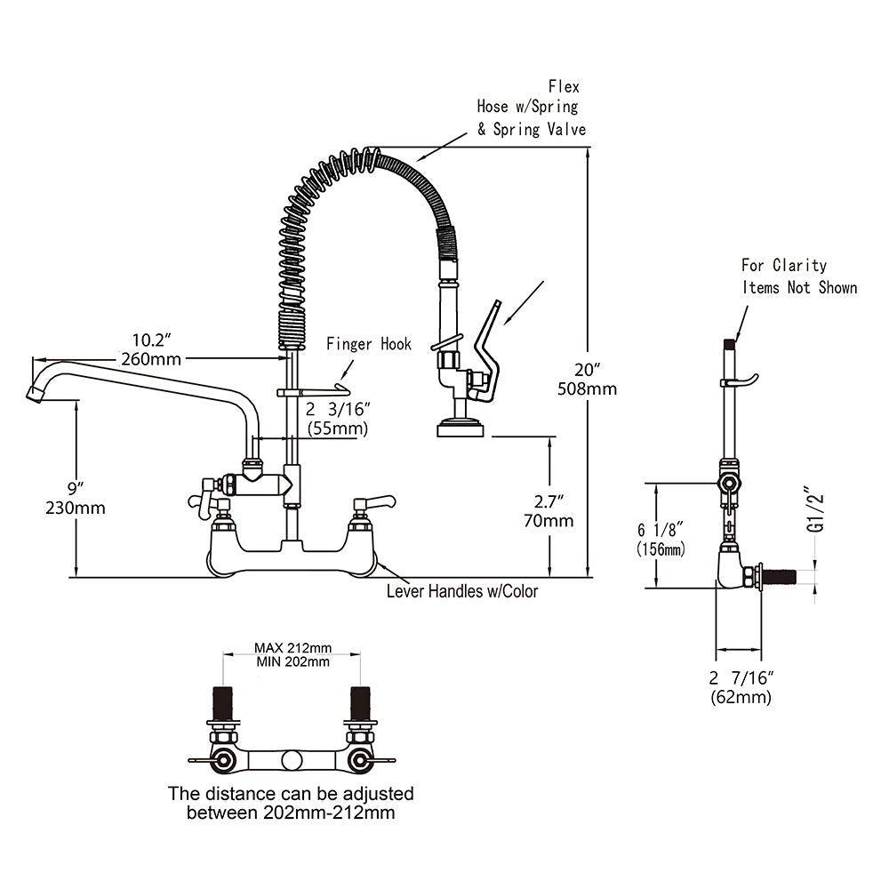 20'' Commercial Faucet with Sprayer, Wall Mount Center 8'' Commercial Sink Faucet