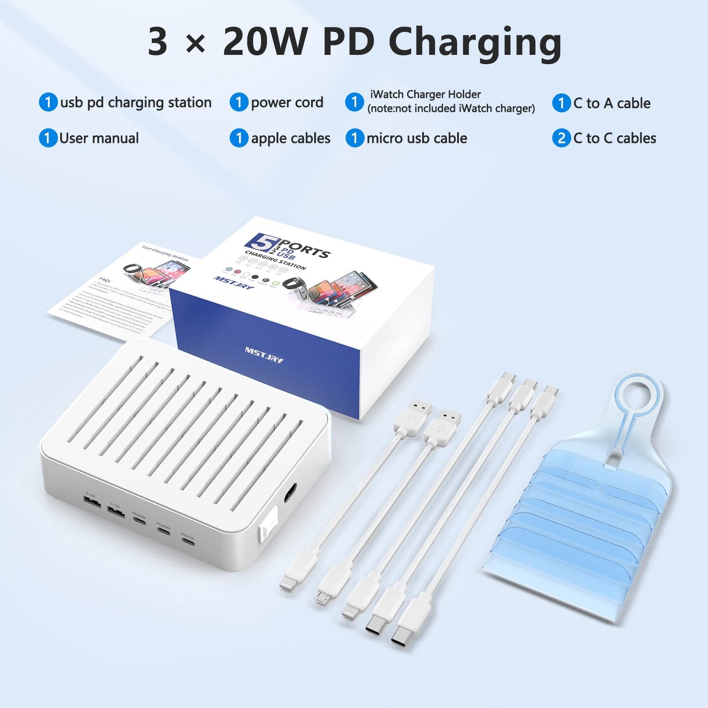 USB C Charging Station for Multiple Devices, for Apple ipad iPhone Airpod Series, for Android Cell Phones and Tablets, Total 90W 5 Port Charger Station C1/C2/C3 Each 20W Fast Charging