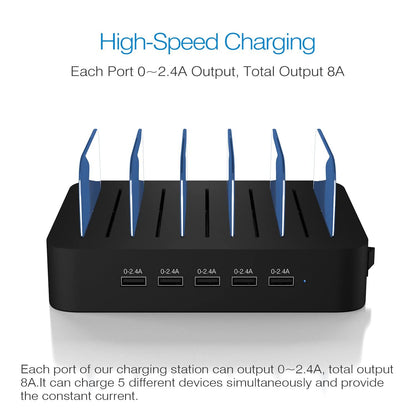 USB Charging Station for Multiple Devices - 5 Port Dock Switch, iPhone iPad Cell Phone Tablets Charger ( 6 Short Cables Included)