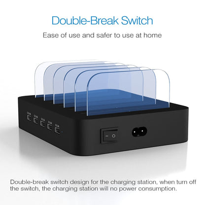 USB Charging Station for Multiple Devices - 5 Port Dock Switch, iPhone iPad Cell Phone Tablets Charger ( 6 Short Cables Included)