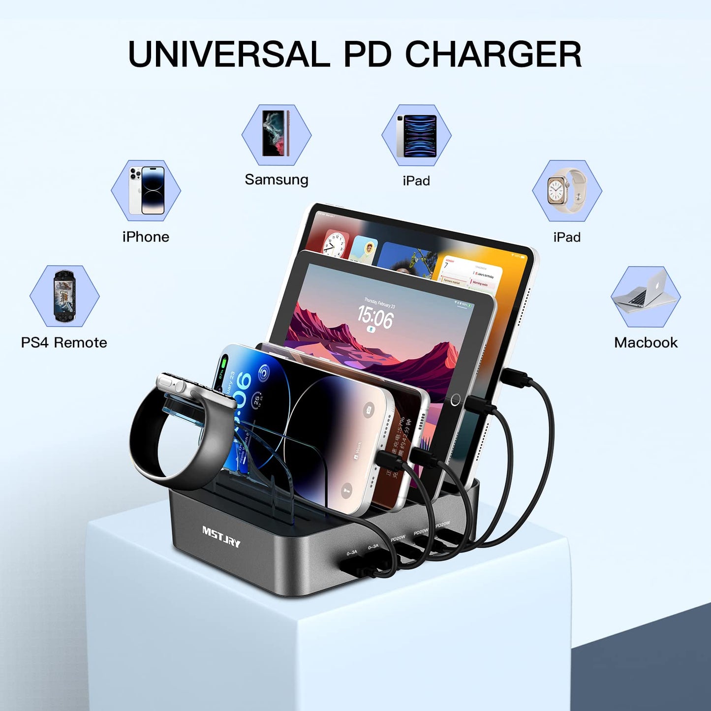 USB C Charging Station for Multiple Devices, for Apple ipad iPhone Airpod Series, for Android Cell Phones and Tablets, Total 90W 5 Port Charger Station C1/C2/C3 Each 20W Fast Charging