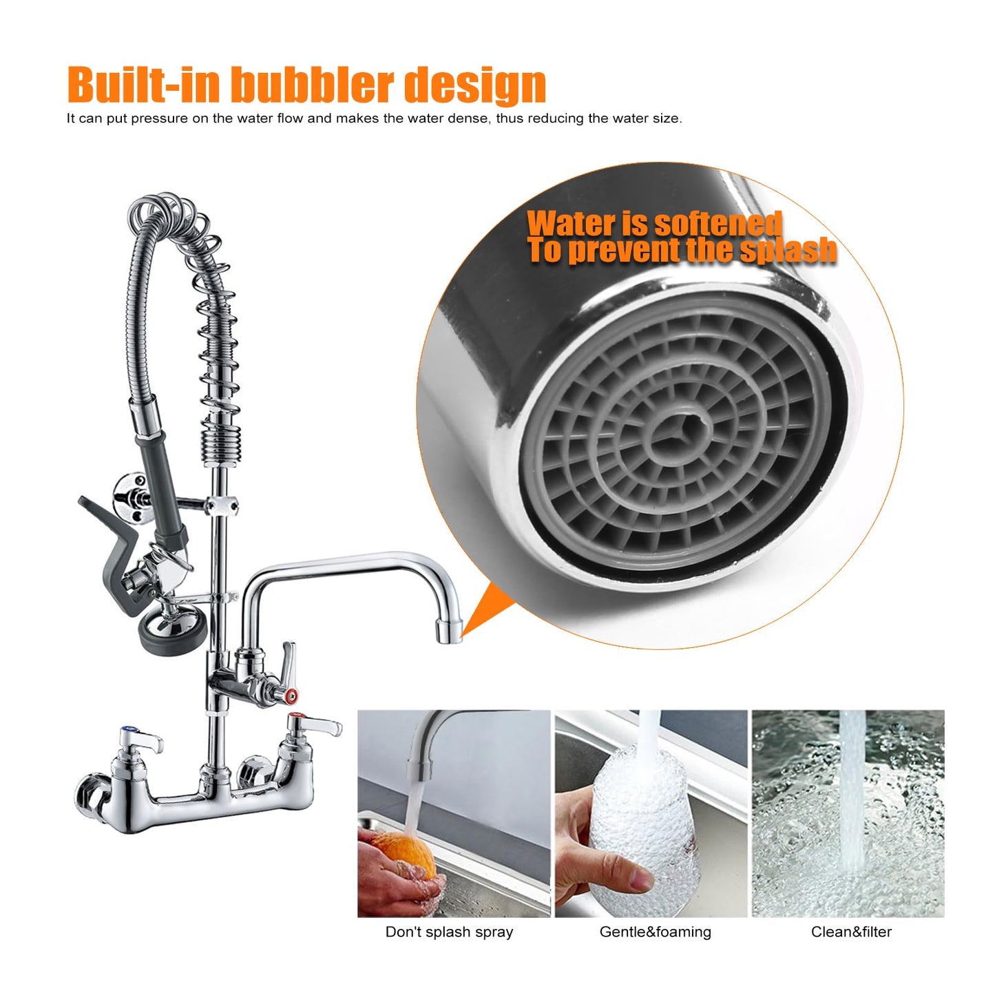 25'' Commercial Faucet with Sprayer, Wall Mount Center 8'' Commercial Sink Faucet