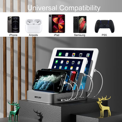 USB Charging Station for Multiple Devices - 5 Port Dock Switch, iPhone iPad Cell Phone Tablets Charger ( 6 Short Cables Included)