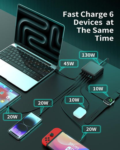 130W GaN Charger: 6-Port USB-C Fast Charging Station