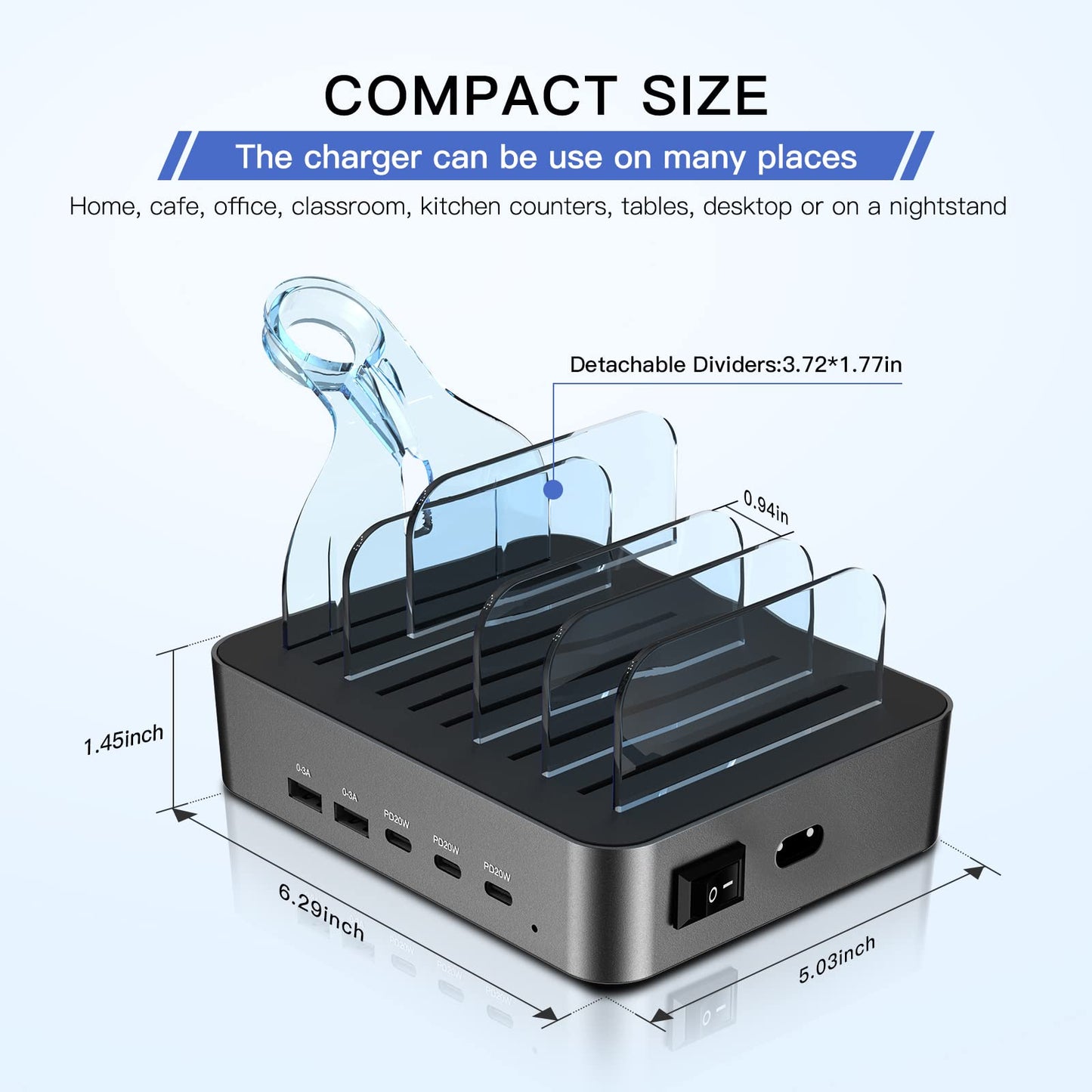 USB C Charging Station for Multiple Devices, for Apple ipad iPhone Airpod Series, for Android Cell Phones and Tablets, Total 90W 5 Port Charger Station C1/C2/C3 Each 20W Fast Charging