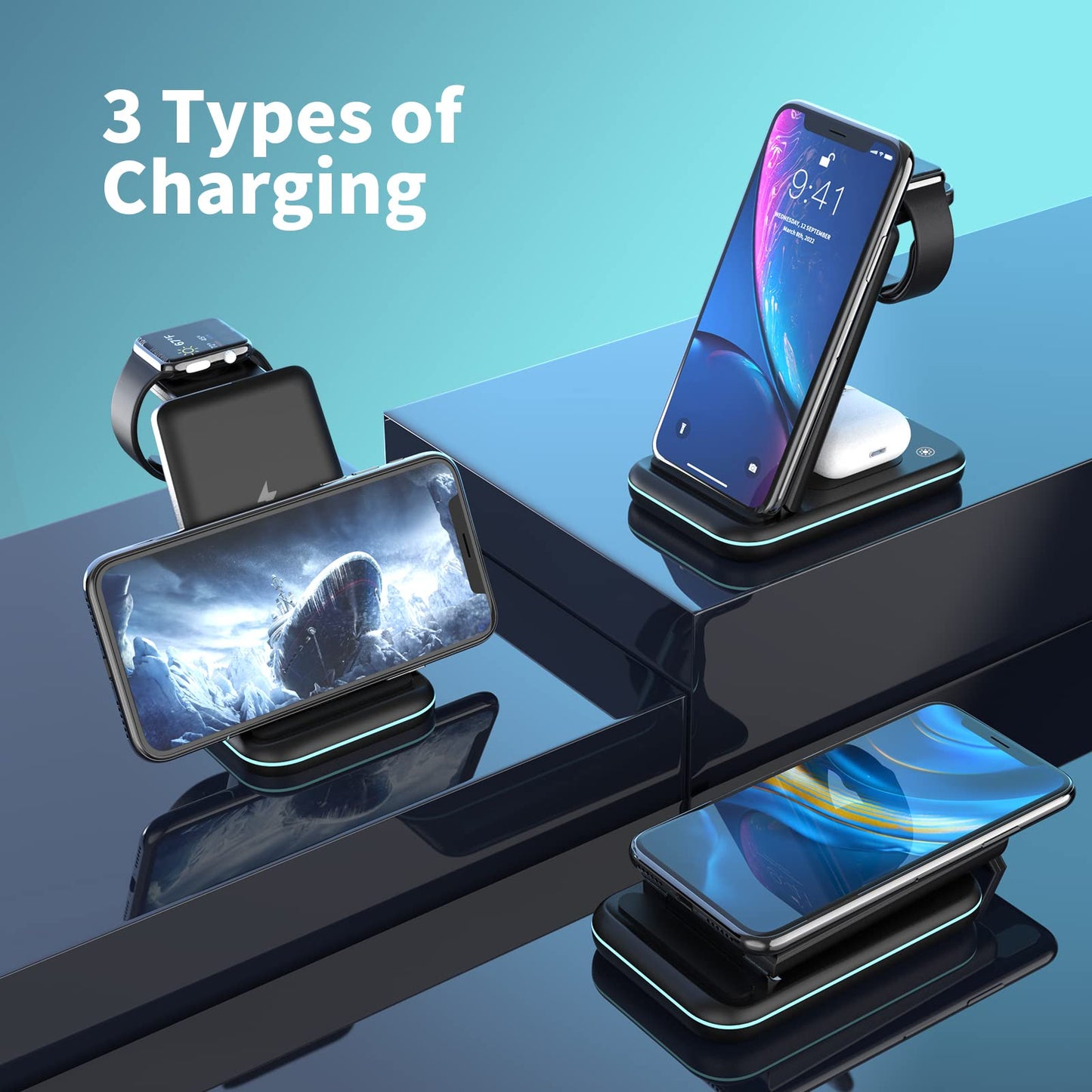 3-in-1 Wireless Fast Charger for iPhone, Apple Watch, and AirPods (Adapter Included)