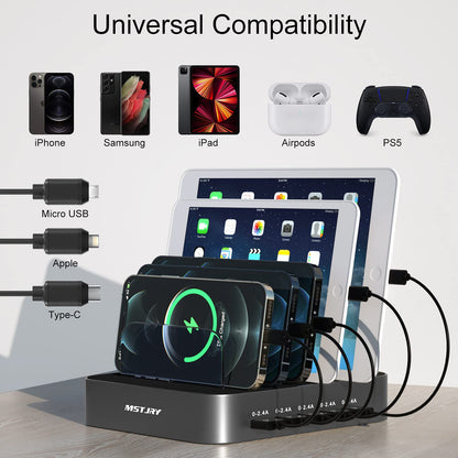 USB Charging Station for Multiple Devices - 5 Port Dock Switch, iPhone iPad Cell Phone Tablets Charger ( 6 Short Cables Included)