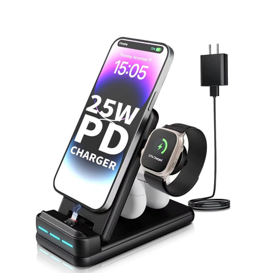 25W PD Fast Charger: 4-in-1 Foldable Stand for iPhone 14/13/12/11/X, Apple Watch, AirPods & Earbuds